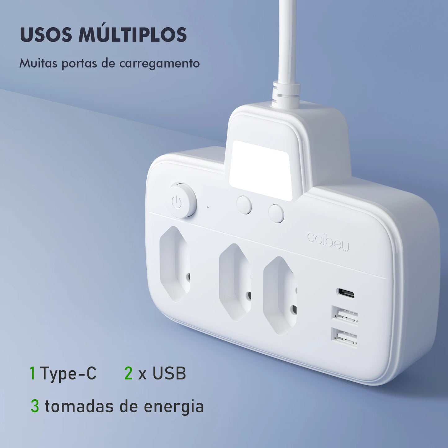 Extensão Elétrica com Filtro de Linha, 3 Tomadas Brasileiras e USB