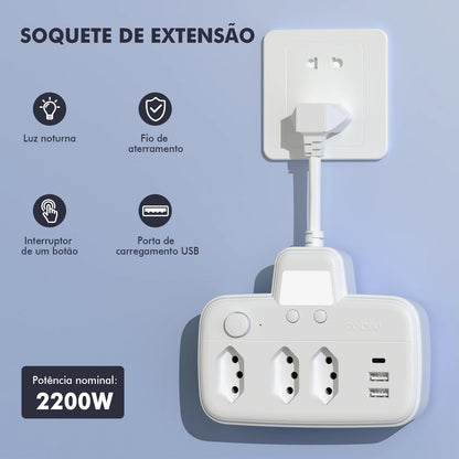 Extensão Elétrica com Filtro de Linha, 3 Tomadas Brasileiras e USB