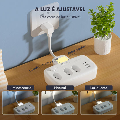 Extensão Elétrica com Filtro de Linha, 3 Tomadas Brasileiras e USB