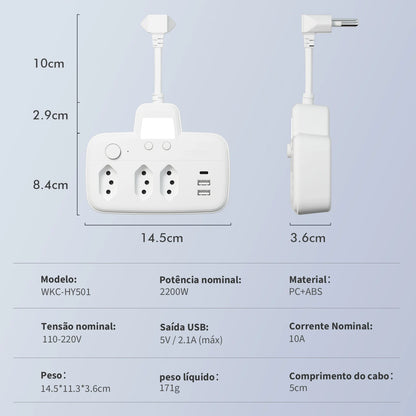 Extensão Elétrica com Filtro de Linha, 3 Tomadas Brasileiras e USB
