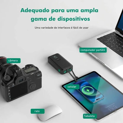 Power Bank Carregador Portátil Turbo com Cabos Integrados USB e Type-C
