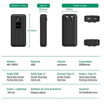 Power Bank Carregador Portátil Turbo com Cabos Integrados USB e Type-C
