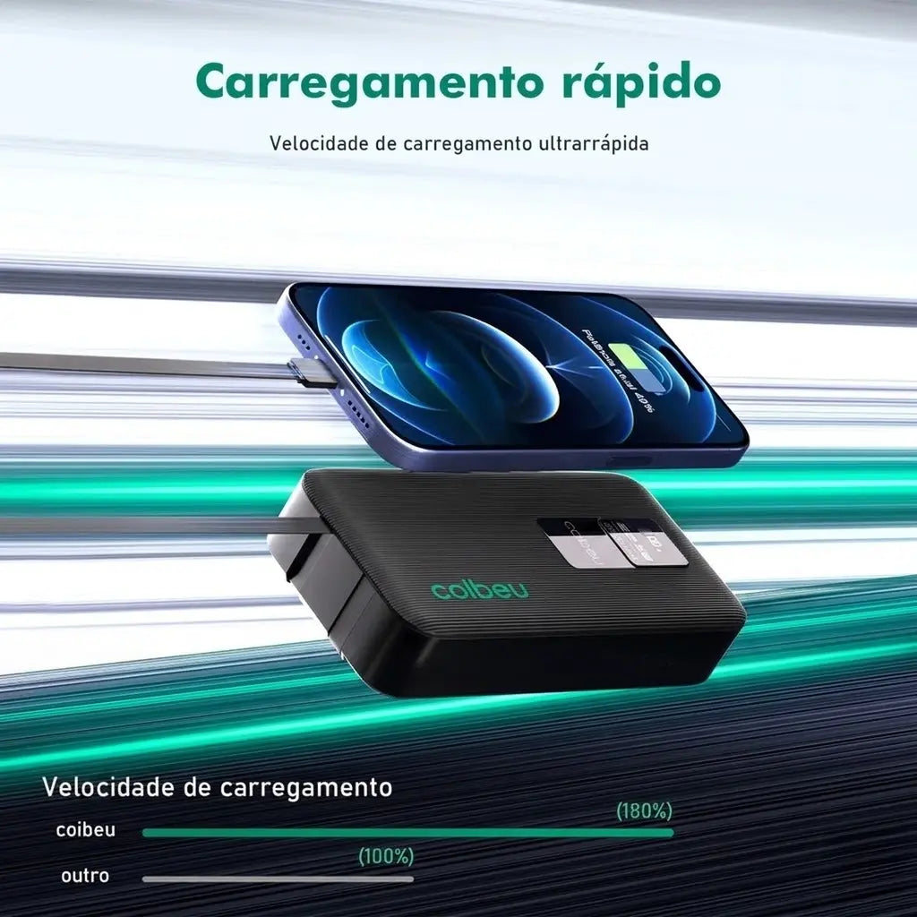 Power Bank Carregador Portátil Turbo com Cabos Integrados USB e Type-C
