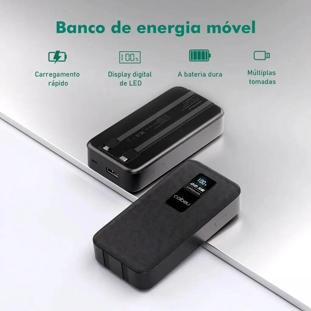 Power Bank Carregador Portátil Turbo com Cabos Integrados USB e Type-C